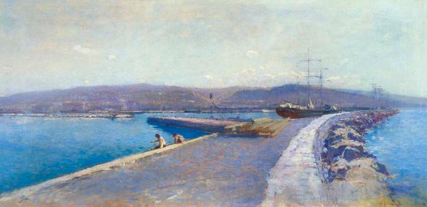 Fiumei kikötő 1899 olaj vászon 32x66 cm jelezve jobbra lent spányi b. 899 fiume mű terem galéria 19. aukció Fiumei kikötő 1899 olaj vászon 32x66 cm jelezve jobbra lent spányi b. 899 fiume mű terem galéria 19. aukció